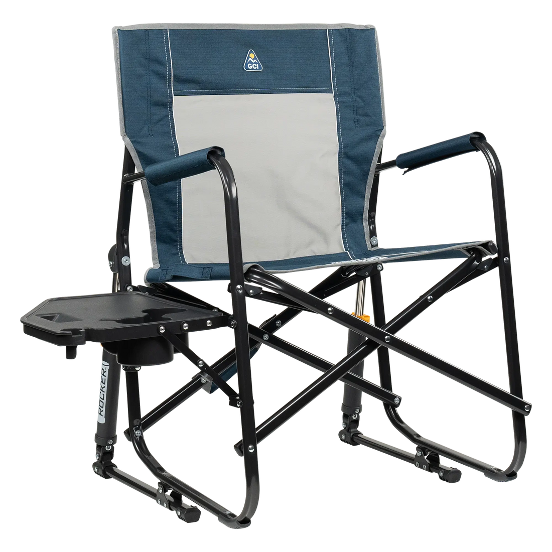 Premium All-Weather Freestyle Rocker with Side Table - Choice 853 - Freestyle Rocker Portable Outdoor Folding Chair - Heathered Indigo