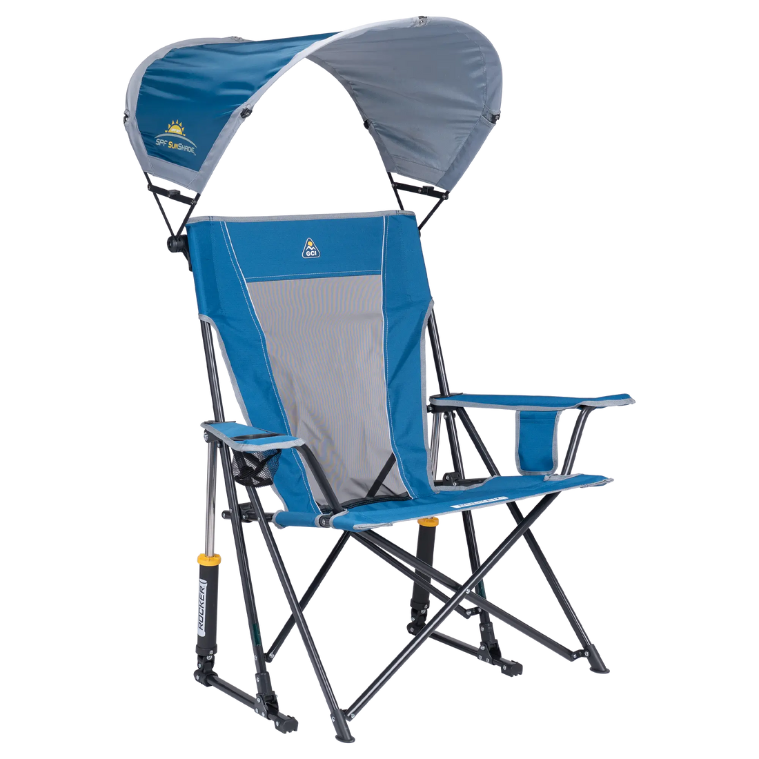 Patented Spring-Action SunShade Rocker - Choice 550 - Heavy-Duty Kickback Rocker with Beverage Holder - Neptune Blue