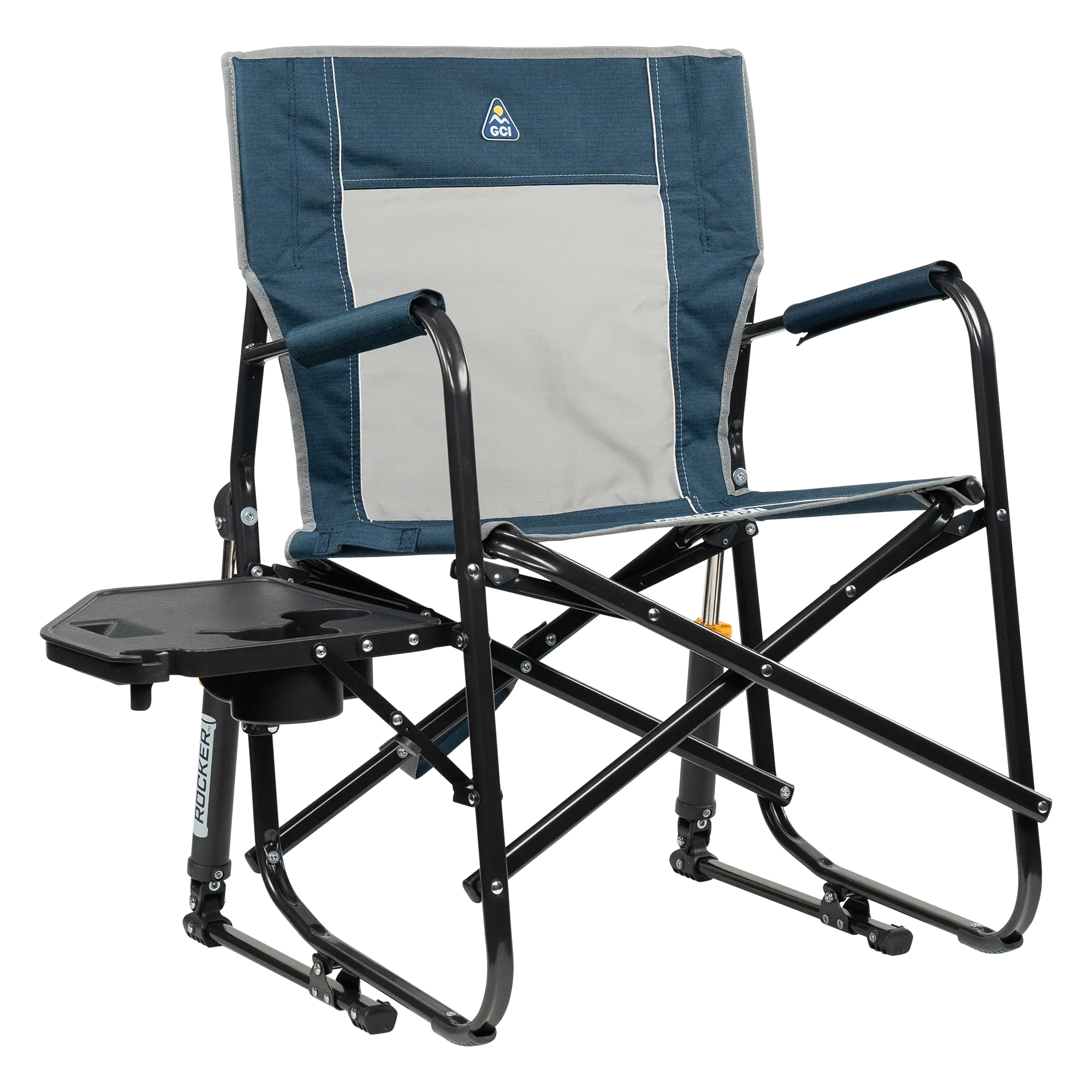 Premium All-Weather Freestyle Rocker with Side Table - Choice 853 - Freestyle Rocker Portable Outdoor Folding Chair - Heathered Indigo