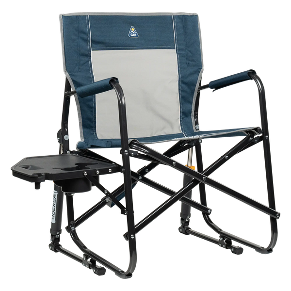 Premium All-Weather Freestyle Rocker with Side Table - Choice 853 - Freestyle Rocker Portable Outdoor Folding Chair - Heathered Indigo