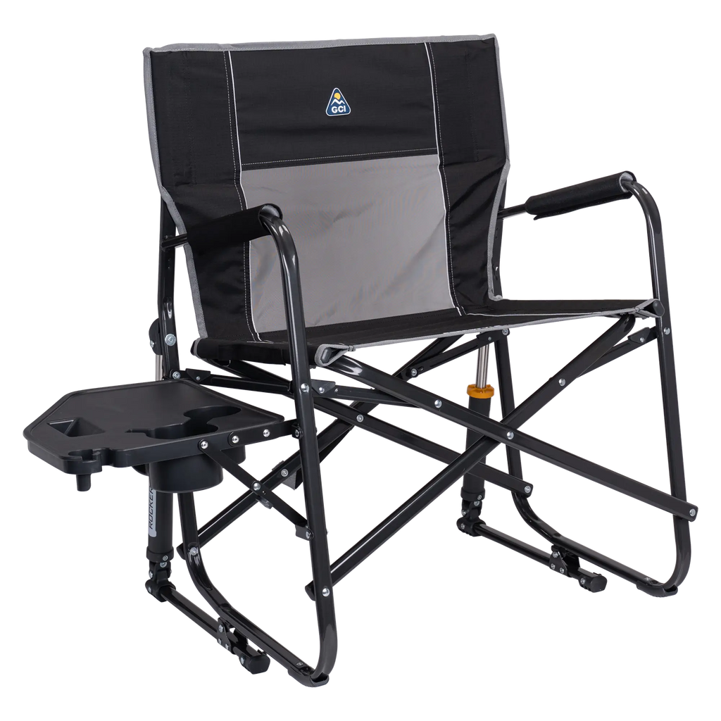 Luxury Camp Freestyle Rocker XL with Side Table - Choice 836 - Heavy-Duty Kickback Rocker with Beverage Holder - Black