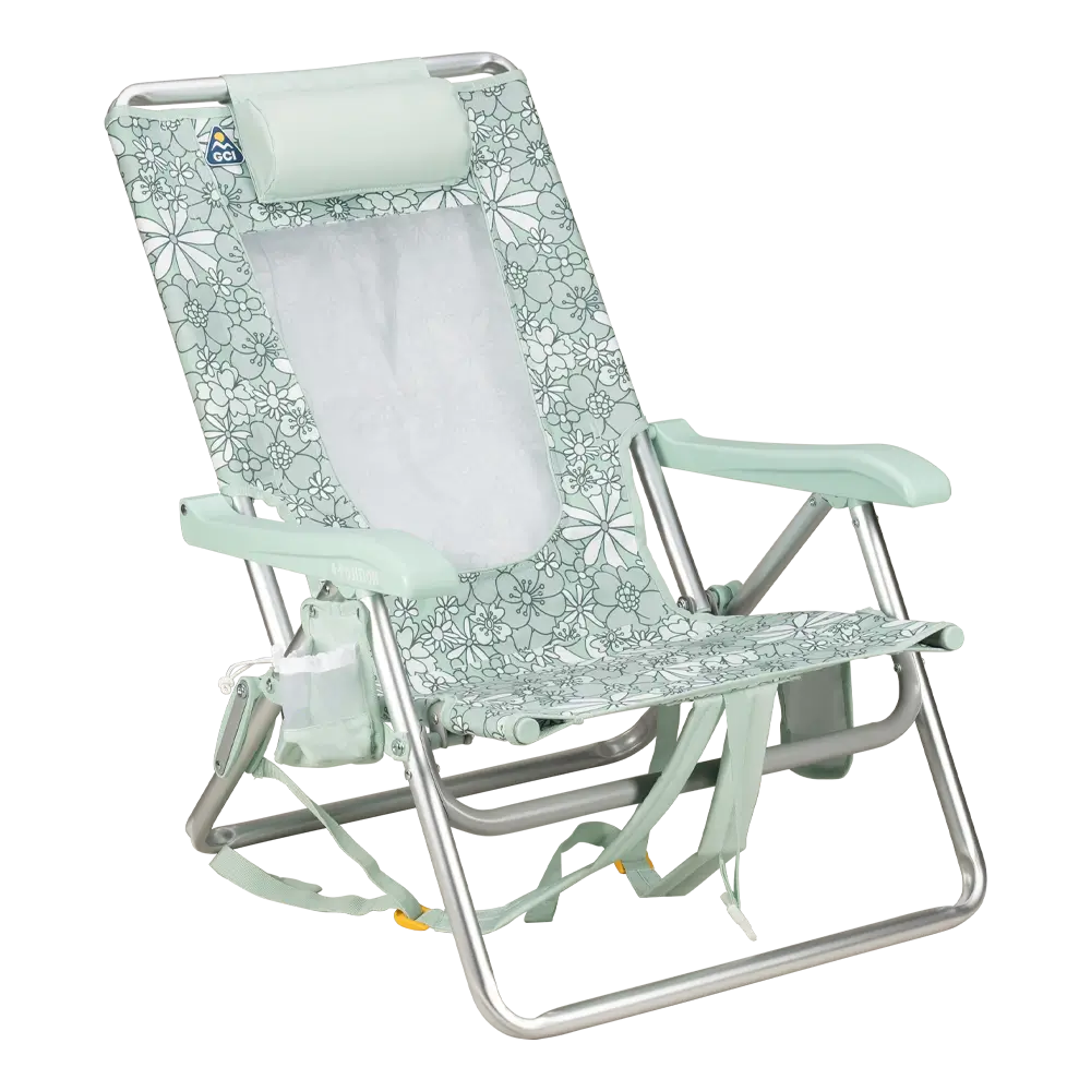 Low-Profile Backpack Beach Chair - Choice 709 - Portable Heavy-Duty Low Boy Chair for Ocean Side - Floral Pastel Green