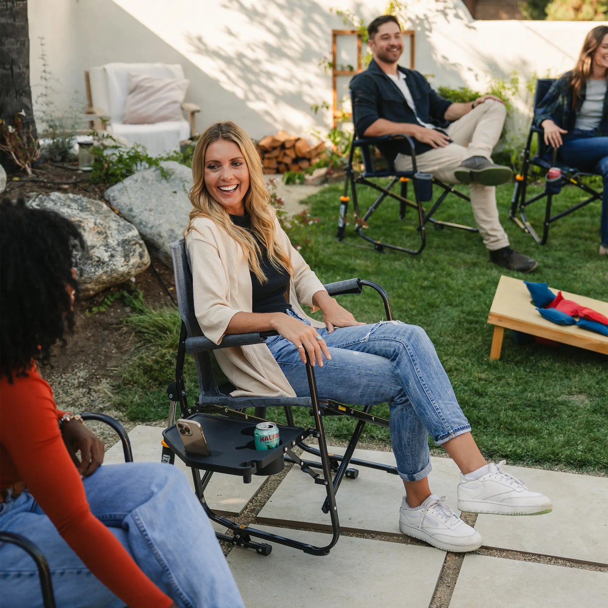 Premium All-Weather Freestyle Rocker with Side Table - Choice 853 - Freestyle Rocker Portable Outdoor Folding Chair Detail