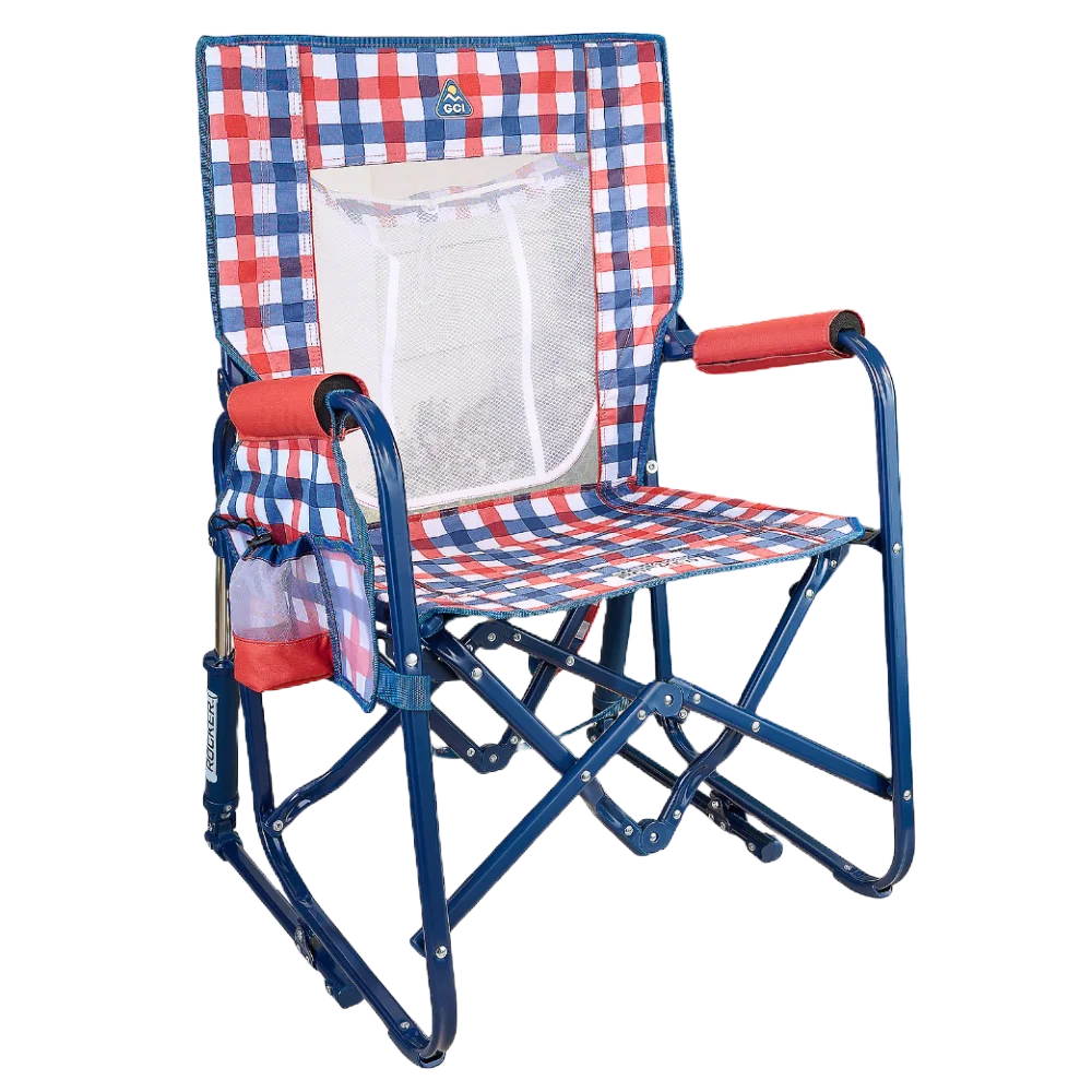 Heavy-Duty Freestyle Stowaway Rocker with Storage Pouch - Choice 573 - RoadTrip Rocker Smooth Motion Camp Chair - Patriotic Plaid
