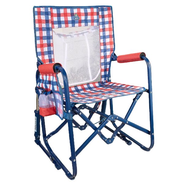 Heavy-Duty Freestyle Stowaway Rocker with Storage Pouch - Choice 573 - RoadTrip Rocker Smooth Motion Camp Chair - Patriotic Plaid