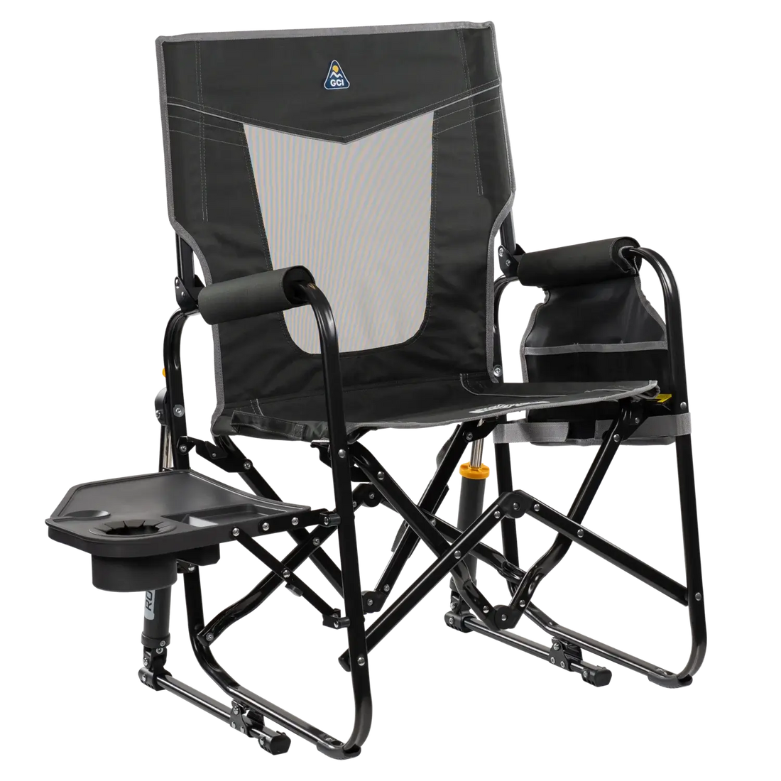 Luxury Camp Stowaway Rocker with Side Table - Choice 253 - Freestyle Rocker Portable Outdoor Folding Chair - Dark Charcoal